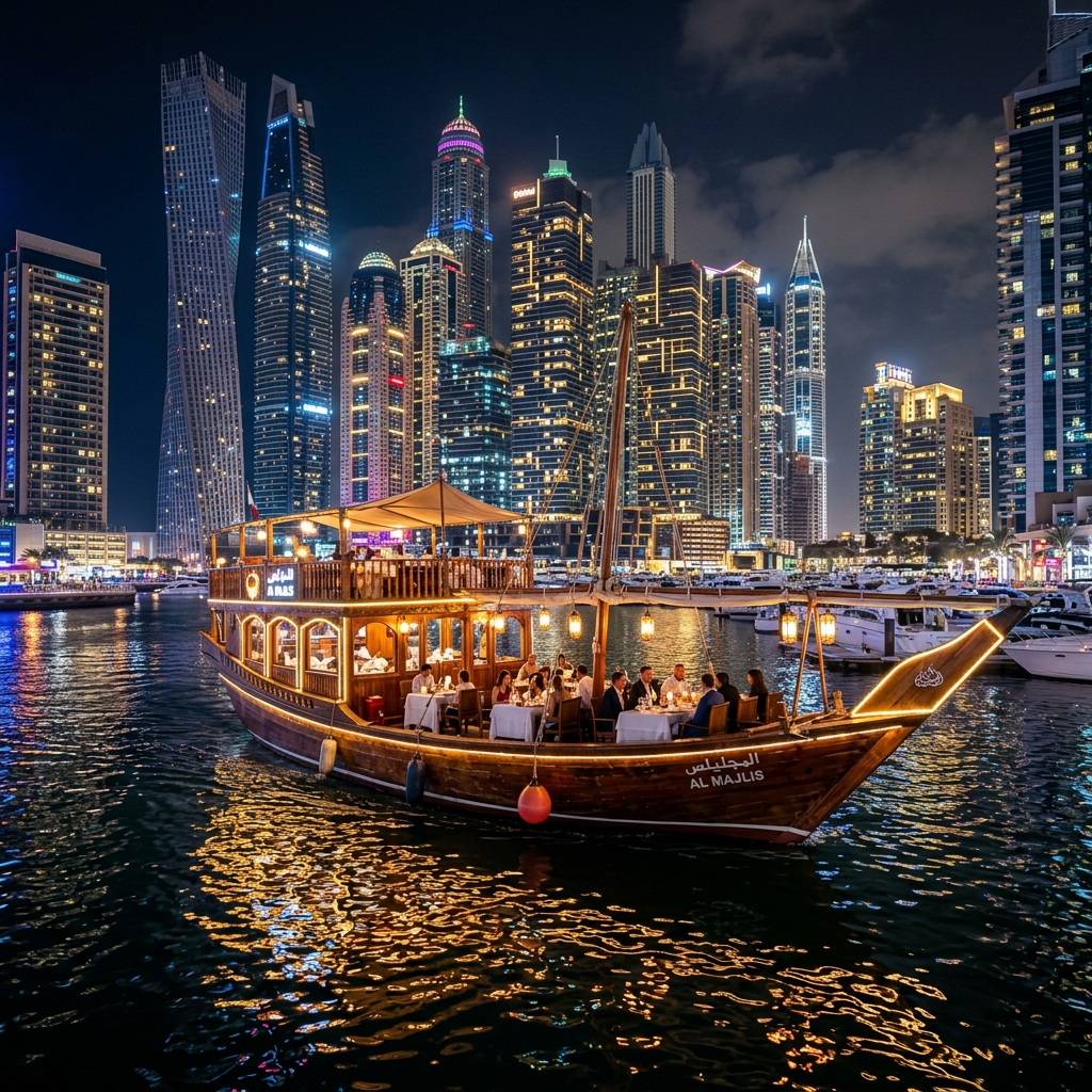 Arrival in Dubai | Marina Dhow Cruise & Stunning Skyline