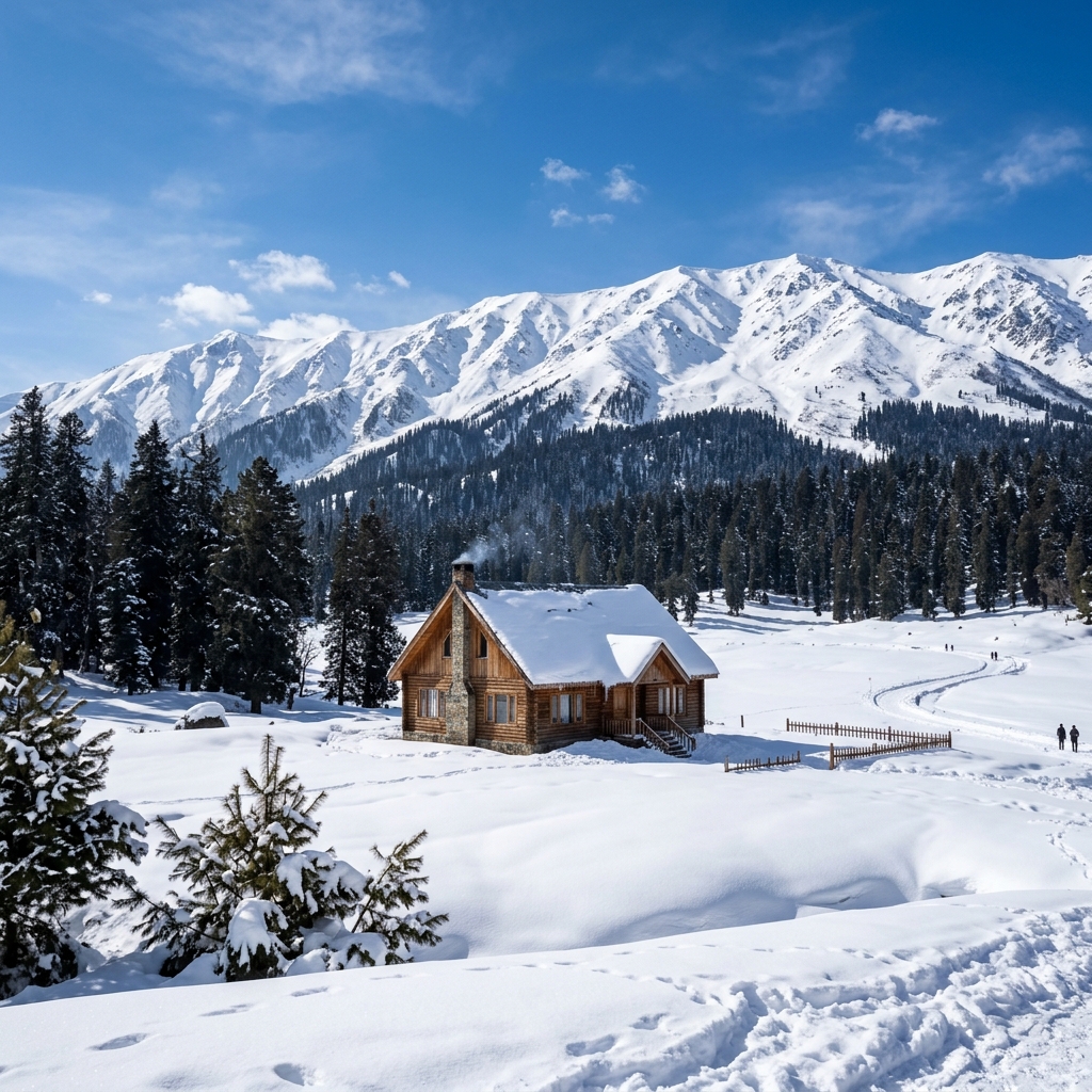 Majestic snow-capped peaks and towering green pines of beautiful Gulmarg resort in Kashmir