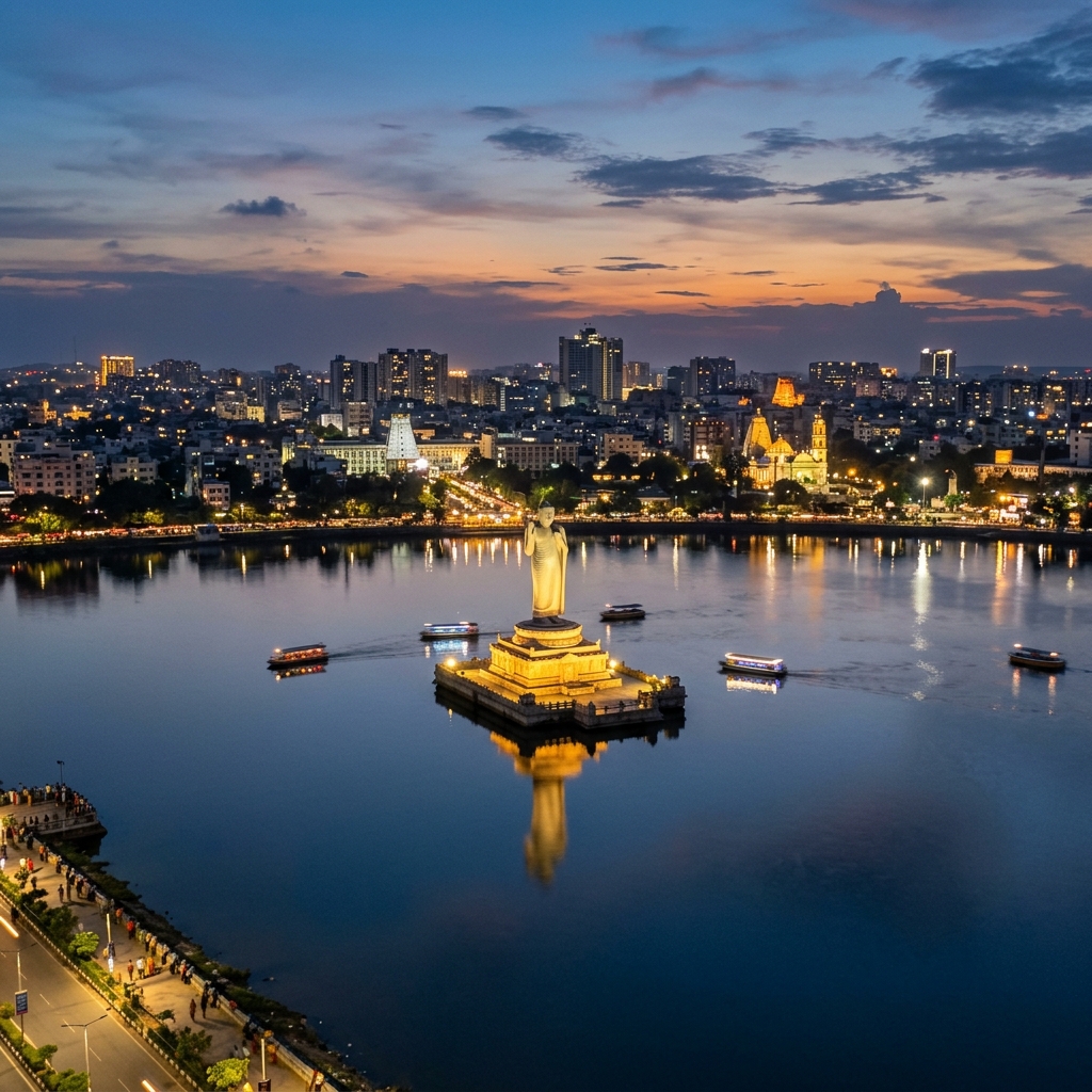 Hussain Sagar Lake and Buddha Statue in Hyderabad