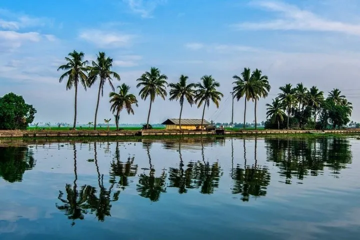 Serene palm-fringed backwater reflection in Alleppey Kerala