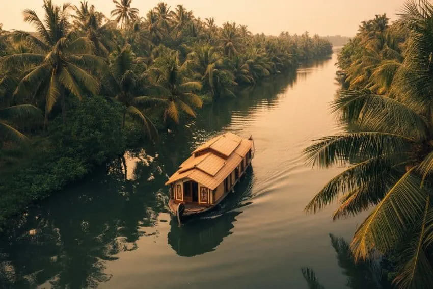 Houseboat sailing down a palm-fringed backwater river canal Kerala