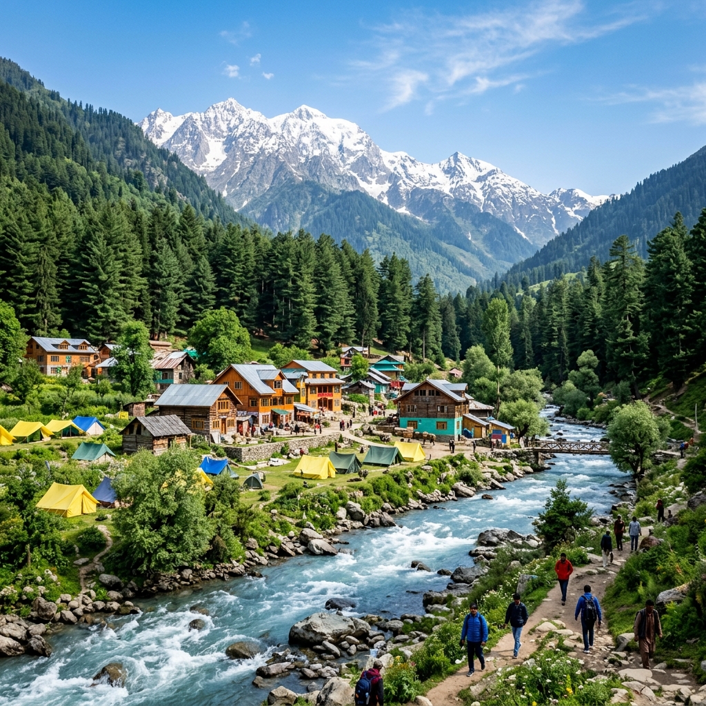 Pristine turquoise Lidder River winding through lush pine valleys and towering snowy mountains in Pahalgam, Kashmir