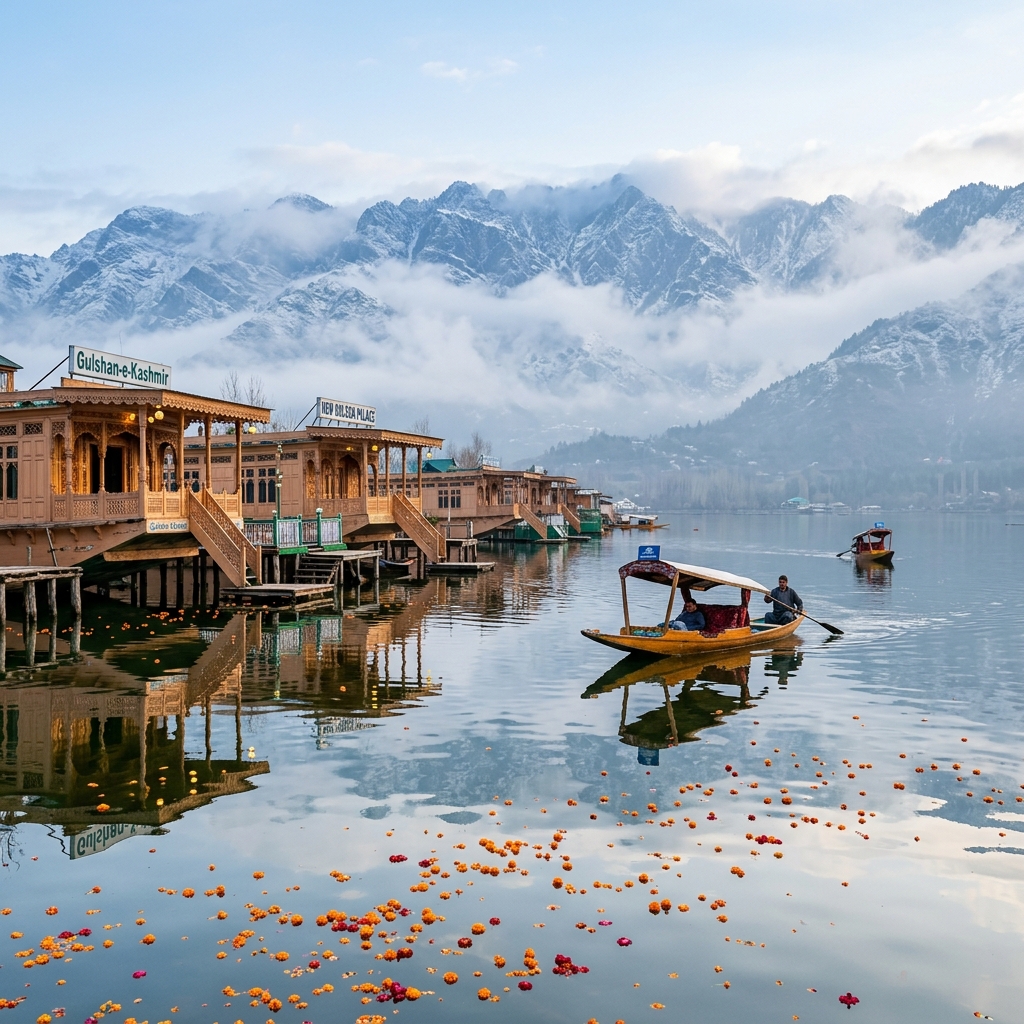 Beautiful houseboats and traditional Shikara boats on glassy Dal Lake in Srinagar, Kashmir