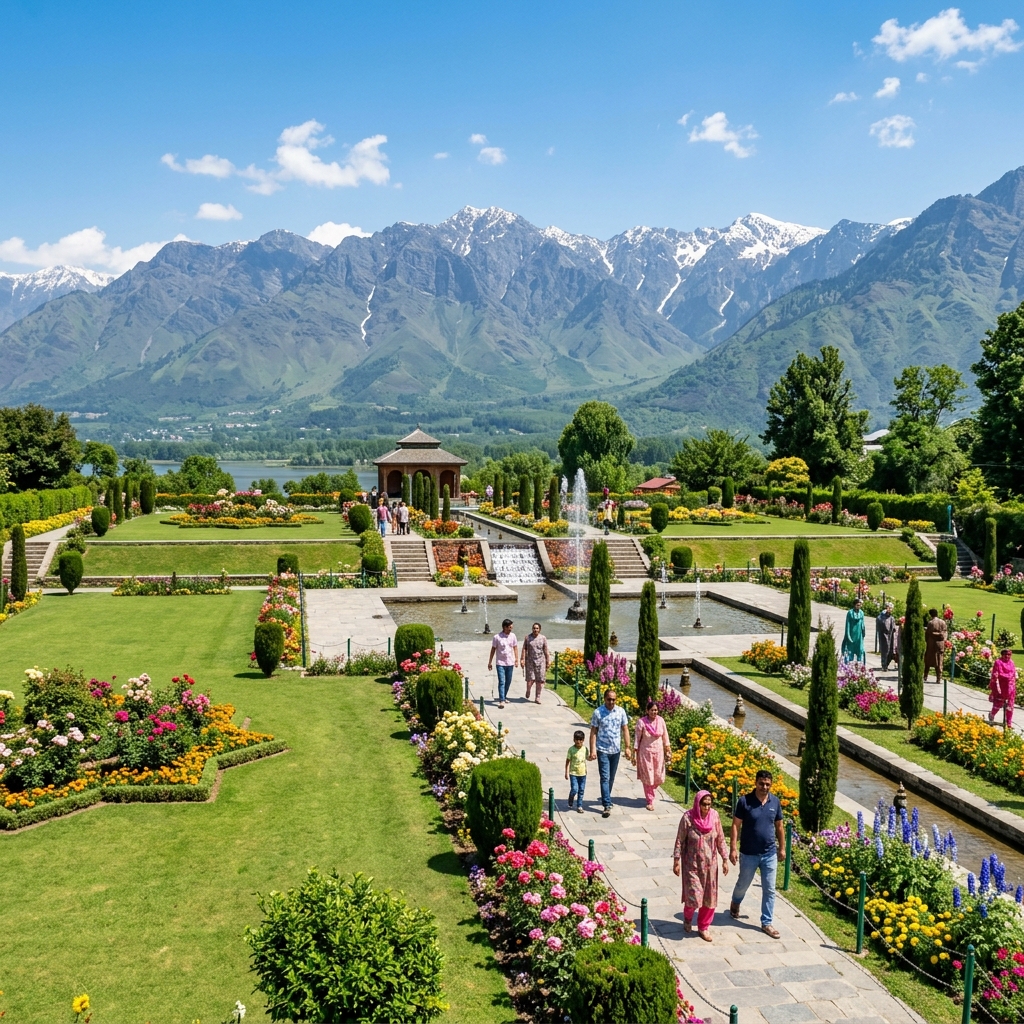 Exquisite stone fountains and manicured terraces of a historical Mughal Garden in Srinagar, Kashmir